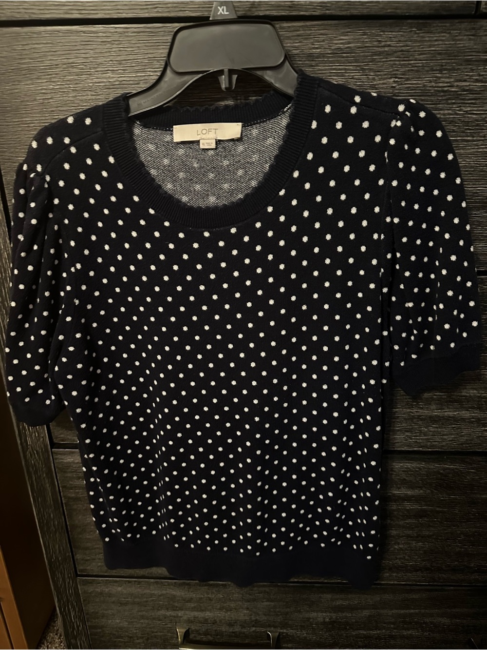 LOFT Navy and White Polka Dot Short Sleeve sweater Top